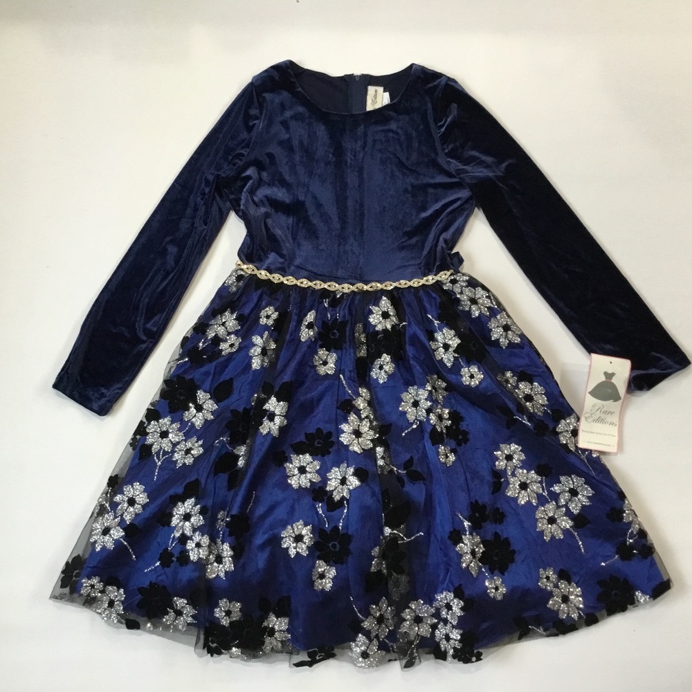 Girls Blue Velvet Holiday Dress